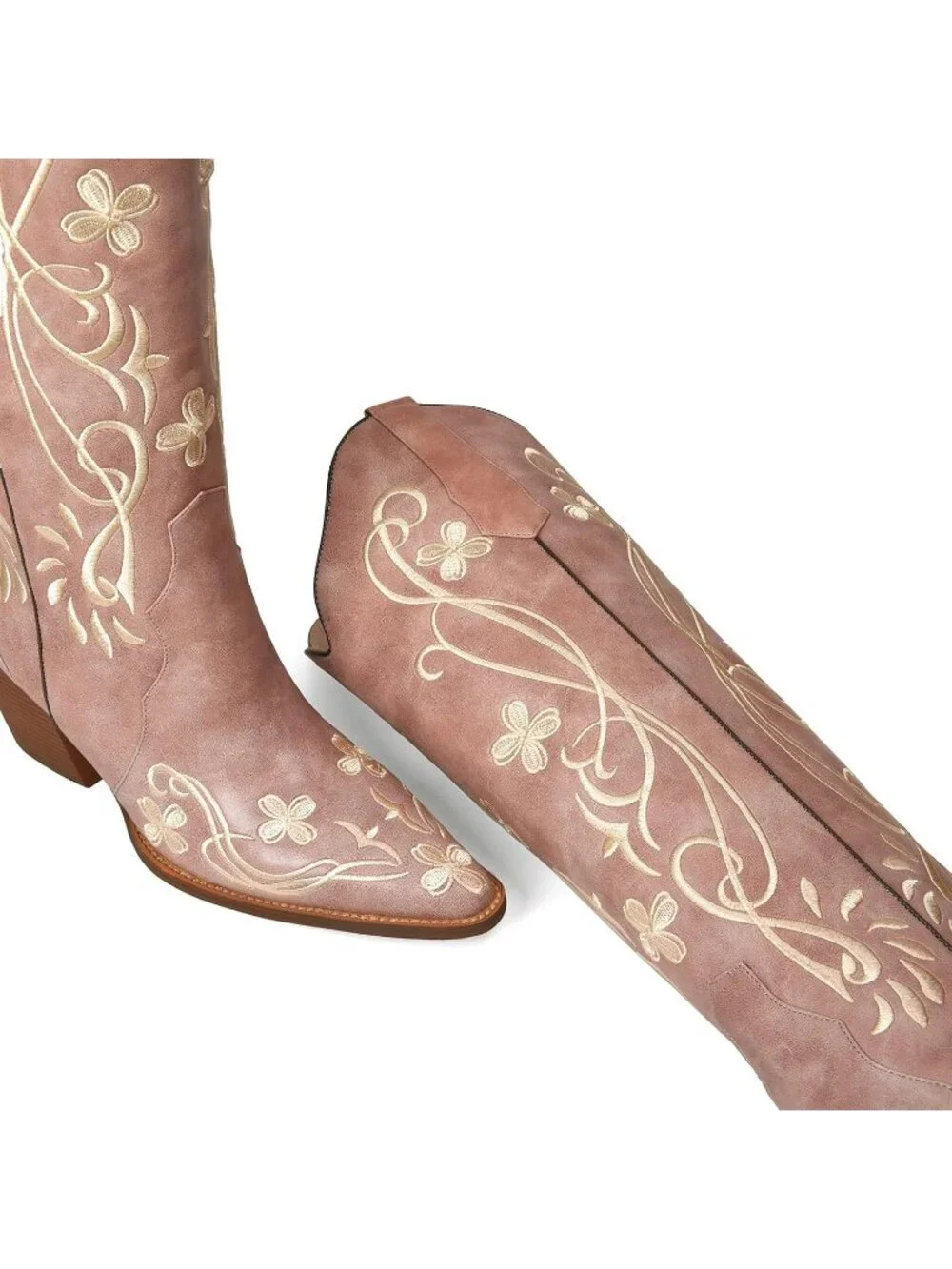Women's Vintage Pink pu Knee High Floral Embroidered Vintage Cowgirl Boots